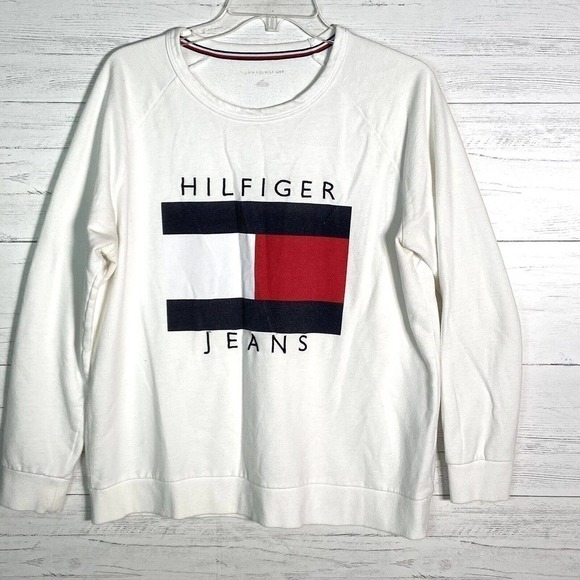 Tommy Hilfiger White Embroidered Flag Sweatshirt Mens Large - Picture 1 of 5